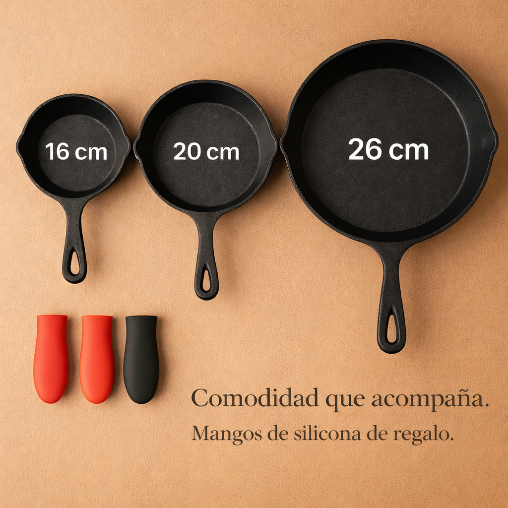 Set de 3 Sartenes de Hierro Esmaltado (15.5 | 19.5 | 25.5 cm) + 3 Mangos de Silicona GRATIS