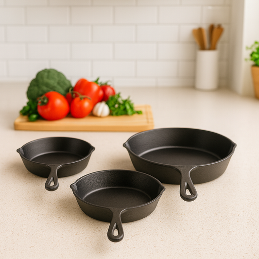 Set de 3 Sartenes Hierro Esmaltado + Gratis Mangos de Silicona