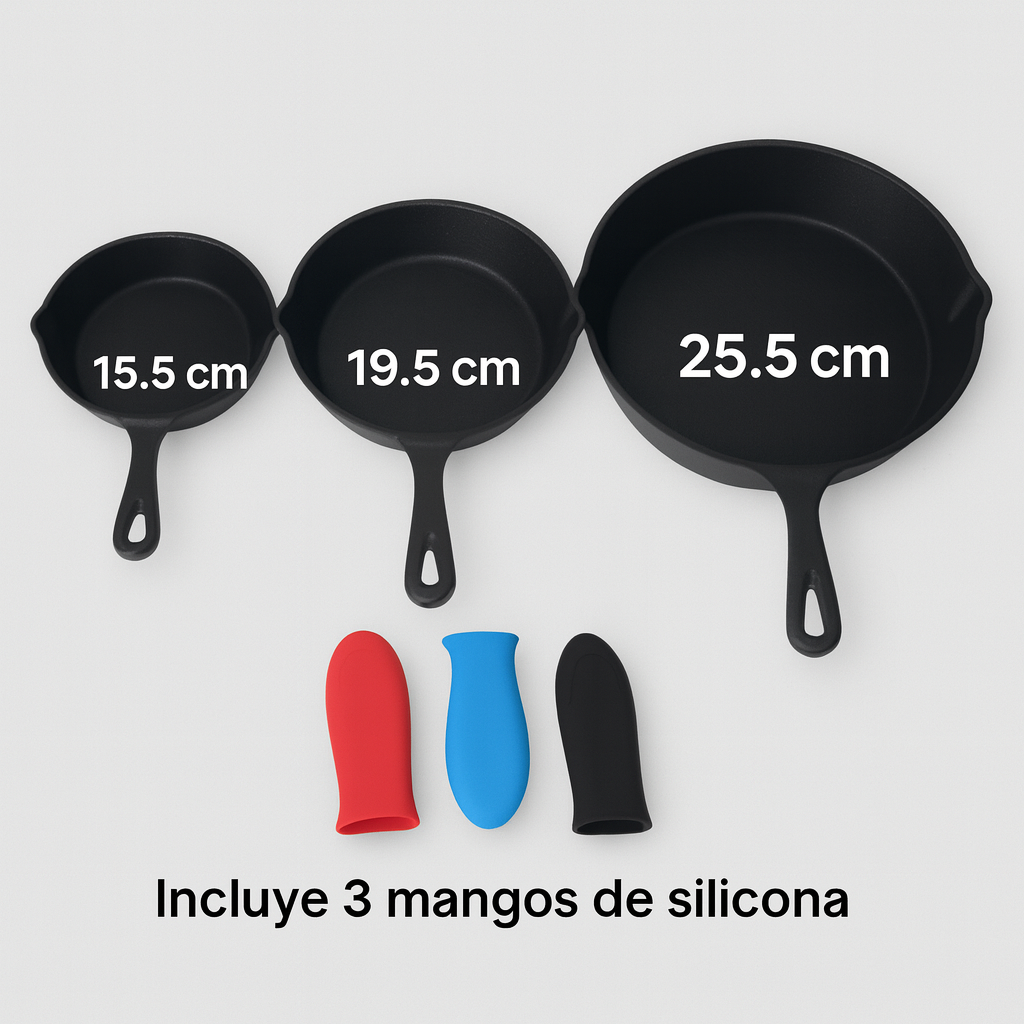 Set de 3 Sartenes Hierro Esmaltado + Gratis Mangos de Silicona