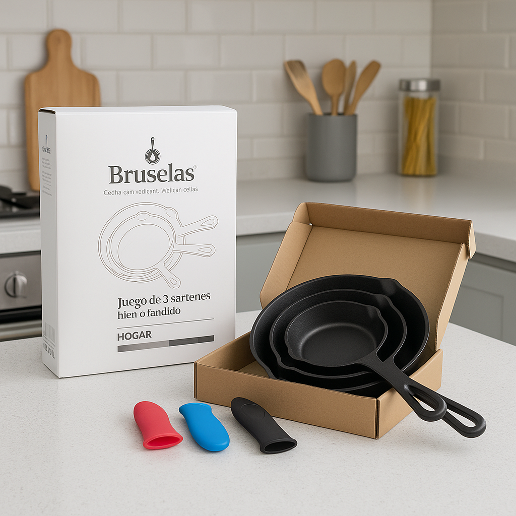 Set de 3 Sartenes Hierro Esmaltado + Gratis Mangos de Silicona