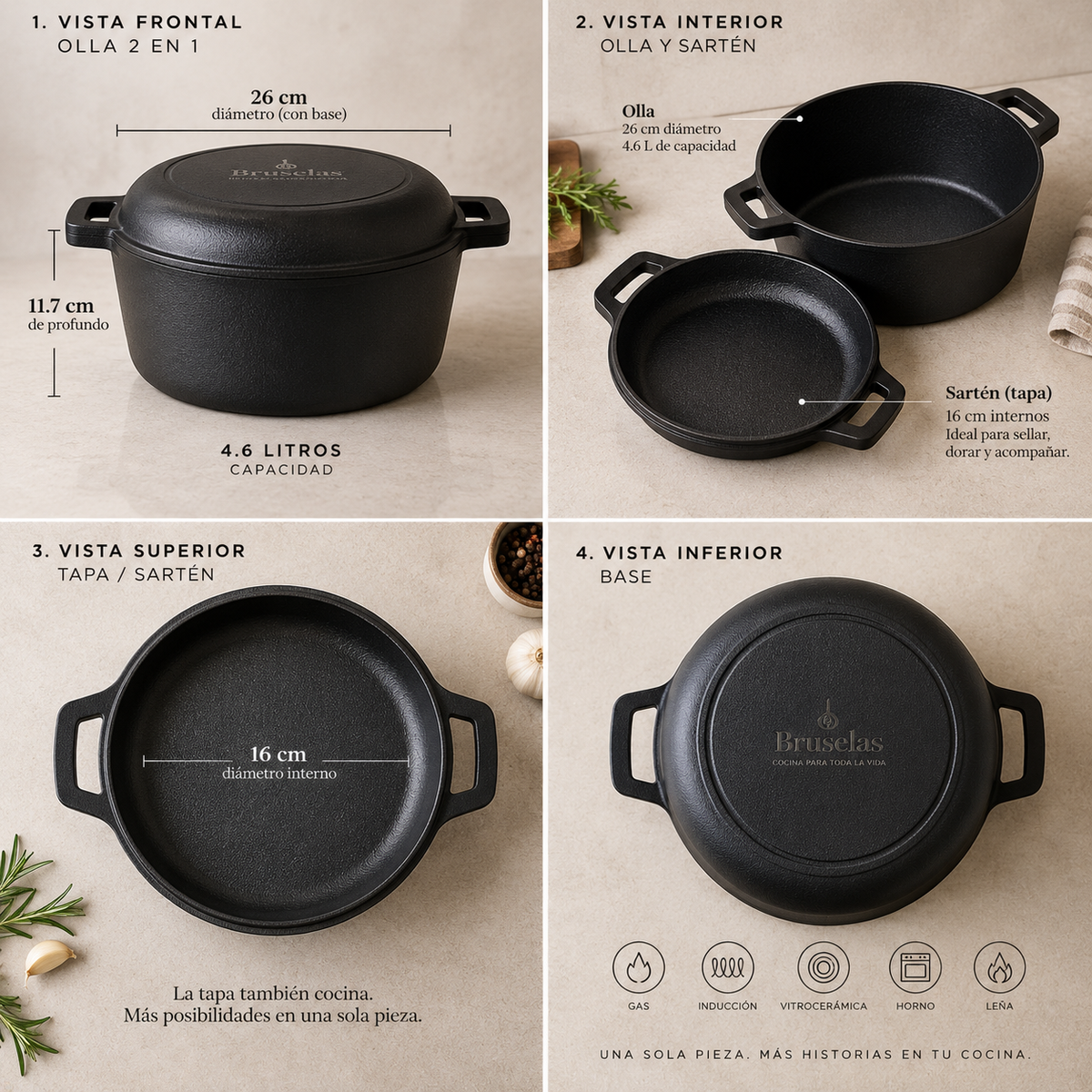 Combo Olla de Hierro 4.6 Litros (26cm) y Sartén de Hierro (16cm) 2 en 1