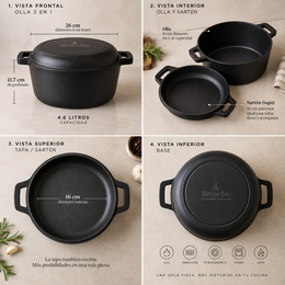 Combo Olla de Hierro 4.6 Litros (26cm) y Sartén de Hierro (16cm) 2 en 1