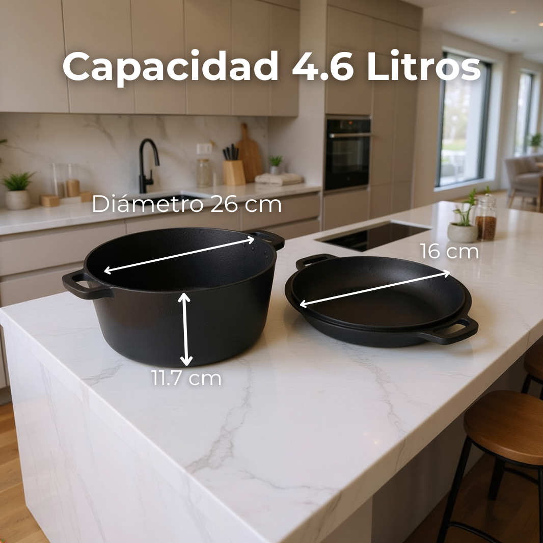 Combo Olla de Hierro 4.6 Litros (26cm) y Sartén de Hierro (16cm) 2 en 1