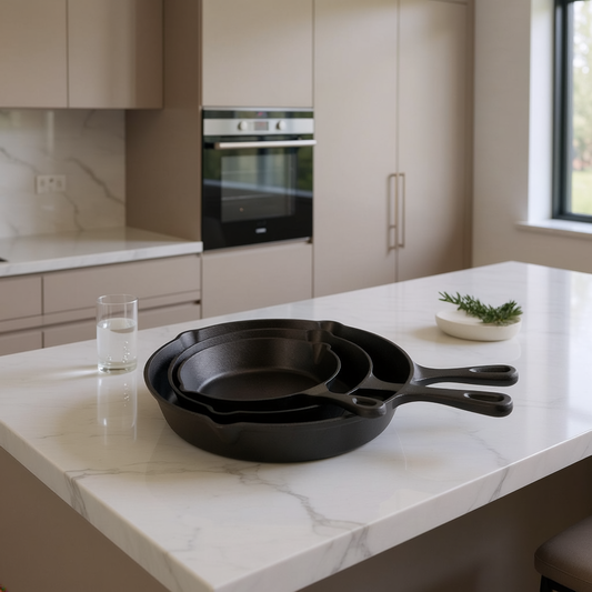 Set de 3 Sartenes Hierro (15.5cm) (19.5cm) (25.5cm) + 3 Mangos de Silicona GRATIS