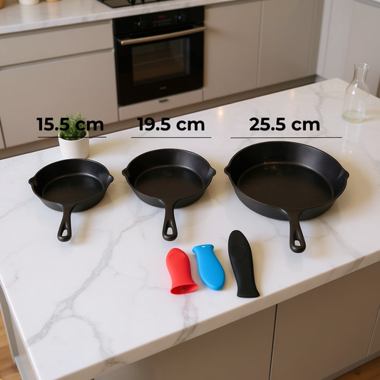 Set de 3 Sartenes Hierro (15.5cm) (19.5cm) (25.5cm) + 3 Mangos de Silicona GRATIS