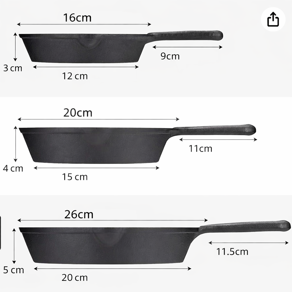 Set de 3 Sartenes de Hierro Esmaltado (15.5 | 19.5 | 25.5 cm) + 3 Mangos de Silicona GRATIS